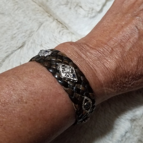 LEATHER 18/14K ANTIQUE DIAMOND SAPPHIRE BRACELET - Picture 9 of 11